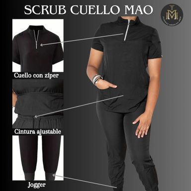 Scrub Negro Cuello Mao Con Zíper