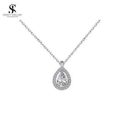 S925 Silver Zircon Pear Pendant Necklace 