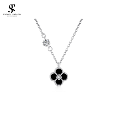 S925 Silver Black Onyx Clover Necklace