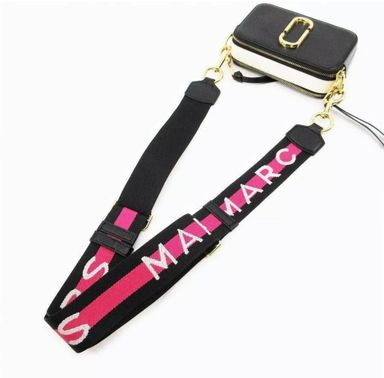 MARC JACOBS Logo Strap Snapshot Crossbody Camera Bag Black Leather with Pink Strap