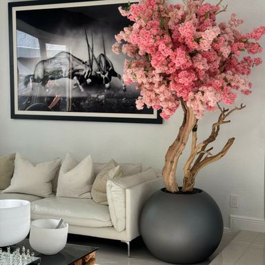 Two tone cherry blossom in a matte brown metal planter