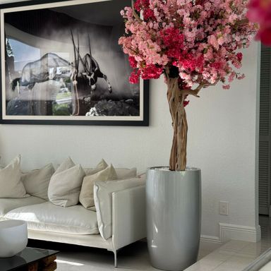 Pink cherry blossom tree in a glossy silver Lisbon planter 