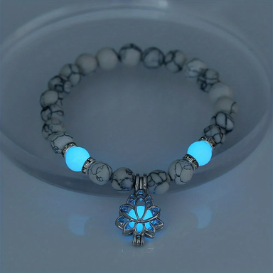 Marbling Stone Smooth Bracelet Hollow Lotus Shape Pendant With Luminous Glowing In The Dark Beads Stretchable Bracelet