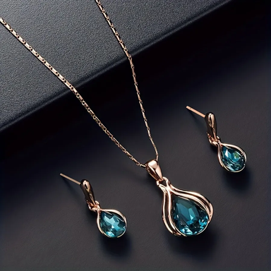 Blue Crystal Water Drop Necklace Studded Earrings Set Gem Stone Jewelry Women's Jewelry