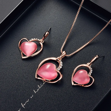 Romantic Love Heart Pendant Necklace & Stud Earrings Jewelry Set For Women Valentine's Day Gift