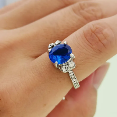 Sterling Silver Sapphire Ring, Oval Blue Gemstone Ring