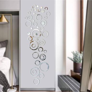 Silver Colour Ring Set Mirror 🪞 Stickers For Decoration (1 Piece Round Circle Mirror & 5 Piece Ring Mirror)-1 Set