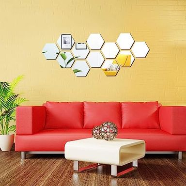 Silver Colour Hexagon Mirror 🪞 Stickers For Decoration-(12cm*11cm)-(10 Piece Set)