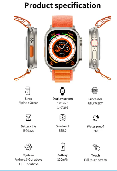 Ultra Smart Watch With 7 Straps & Wireless Charger