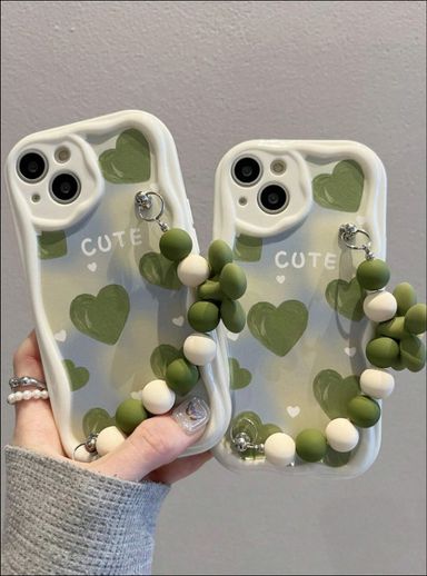 Green Heart Bead Strap Cream Phone Case