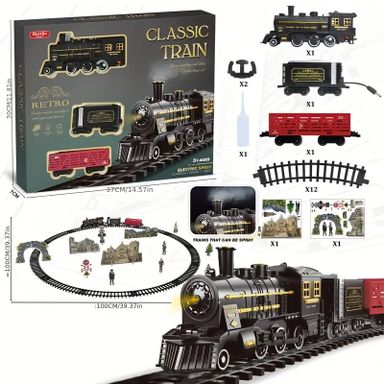 Deluxe Electric Train Set with Lights & Sounds - Vintage Steam Engine and Long Track