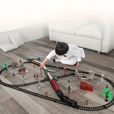 Deluxe Electric Train Set with Lights & Sounds - Vintage Steam Engine and Long Track