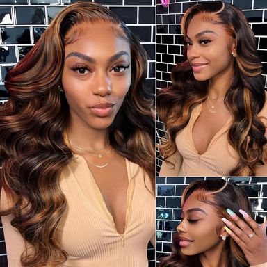 30 inch Highlight Body Wave Lace Front Wigs Human Hair Pre Plucked 200% Density FB/30 Ombre 13x6 Frontal Wigs Human Hair HD Lace Wig Glueless Balayage Wigs for Black Women Human Hair Bleached Knots 