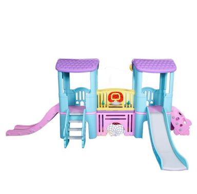 Outdoor slide with basketball hoop and soccer net