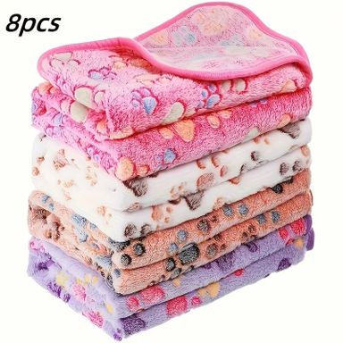 8-Pack Soft Plush Flannel Pet Blankets with Adorable Paw Print Patterns, Machine Washable Cozy Sleeping Mats for Small to Medium Dogs & Cats