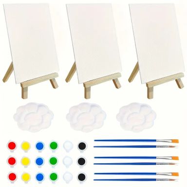 15pcs Mini DIY Paint Set with Hand-Painted Palette, Easel & Canvas - Perfect for Party Decorations & Crafts