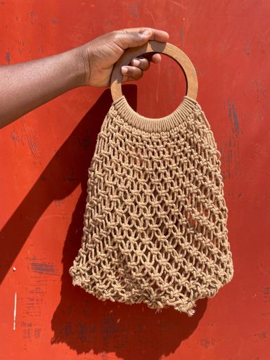 Tote bag crochet marron anse en bois