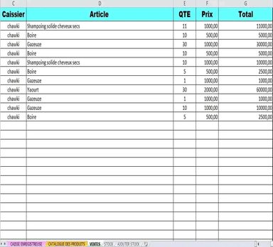 Caisse enregistreuse sur excel