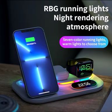 Station de Charge 3-en-1 pour Téléphone, Écouteurs et Smartwatch avec LED RGB