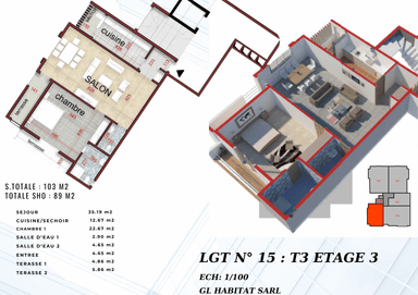 Appartement à vendre à crédit vendeur 2 pièces 1 chambre 103 m² étage 3 avec ascenseur 