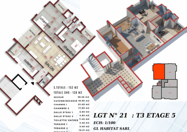 Appartement de 152 m² à vendre à crédit vendeur  3 pièces 2 chambres  au 5 eme étage avec ascenseur 