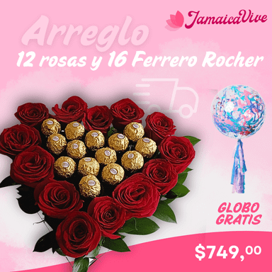 ARREGLO 12 ROSAS Y 16 FERRERO ROCHER