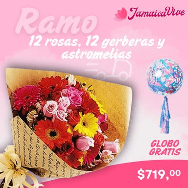 RAMO 12 ROSAS, 12 GERBERAS Y ASTROMELIAS