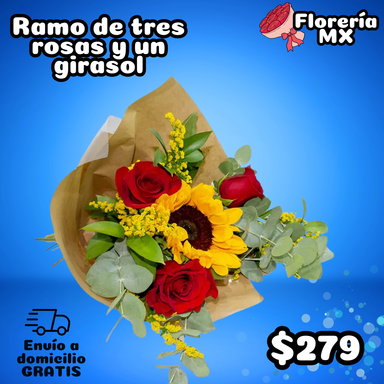 RAMO DE 3 ROSAS Y UN GIRASOL