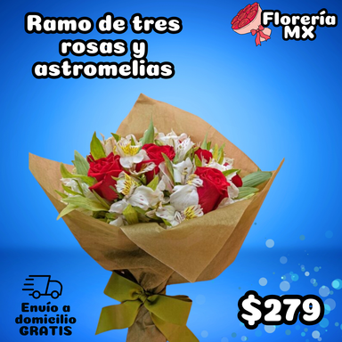 RAMO DE 3 ROSAS Y ASTROMELIAS