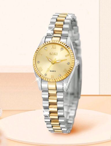 Ladies watch, Gold Round, Alloy strap.