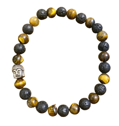 Pulsera Ojo de tigre/Piedra volcanica con dije cabeza de Buda