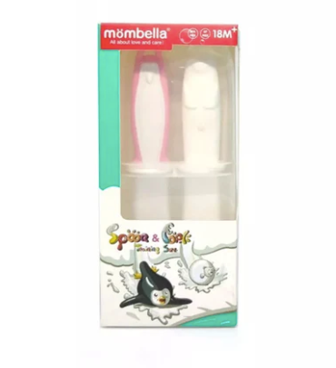 Mombella Bear Spoon & Penguin Fork Trainer Set - Pink