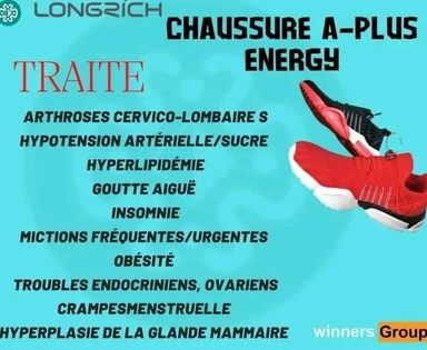 Chaussures énergétiques de longrich Elle stimule la circulation sanguine et tous les organes internes pour une guérison naturelle Balance et aligne l’angle de l’or Augmente la guérison naturelle, maintient l’équilibre du corps et brûle les graisses Vous ne pouvez jamais manquer d’énergie ou être fatigué. Vous pouvez même la porter au lit Elle a des aimants placés à des pointes réflexes correspondants sur vos pieds pour dynamiser votre santé n’importe où et n’importe quand La chaussure A-Plus de Longrich est destinée à: Personnes souffrantes de spondylose cervicale /lombaire Menstruation irrégulière Déséquilibre hormonal Problèmes ovariens Problèmes mammaires Maladies cardiaques Hémiplégie Paralysie Arthrose Rhumatisme Arthrite Problèmes majeurs de l’or et des articulations,  accident vasculaire cérébrale etc Augmente l’endurance, recharge, rédémarre et ravitalise Corrige les arcs de pieds, rectifie le squelette du corps Corrige la colone vertébrale Faite à base de nanomatériaux macro moléculaires d’acupuncture sur les pieds, elle stimule en permanence les points d’acupuncture.