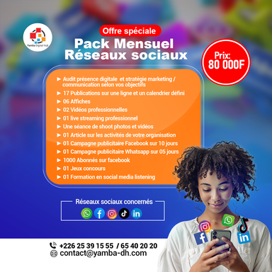 Gestion mensuelle réseaux sociaux Facebook, Instagram, Tik Tok , WhatsApp, LinkedIn 