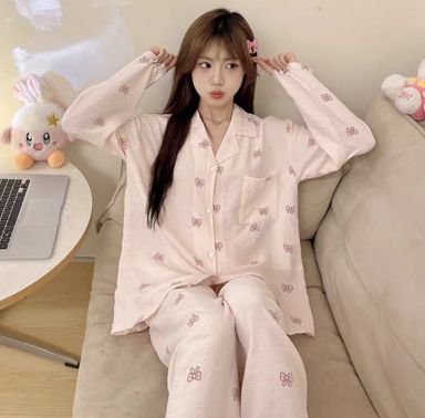 Pink bow long sleeves pajama set 