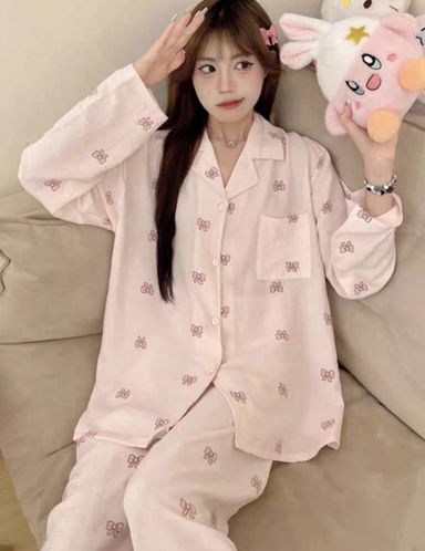 Pink bow long sleeves pajama set 