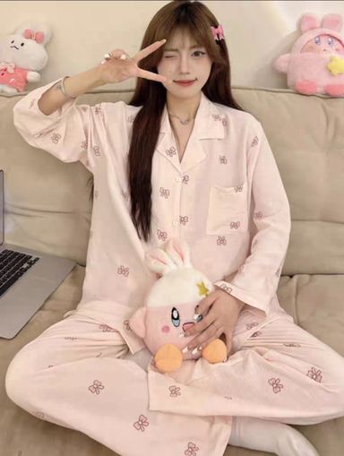 Pink bow long sleeves pajama set 