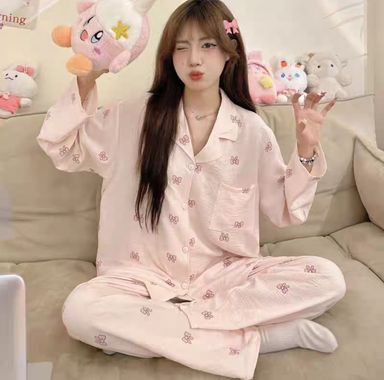 Pink bow long sleeves pajama set 