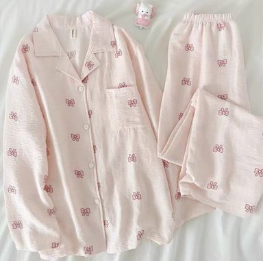 Pink bow long sleeves pajama set 