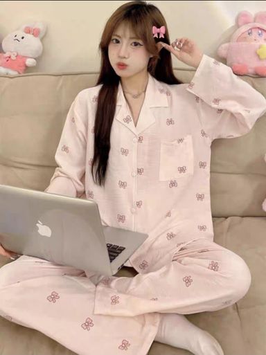 Pink bow long sleeves pajama set 