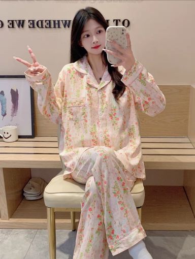 Pink flowers long sleeves pajama set 