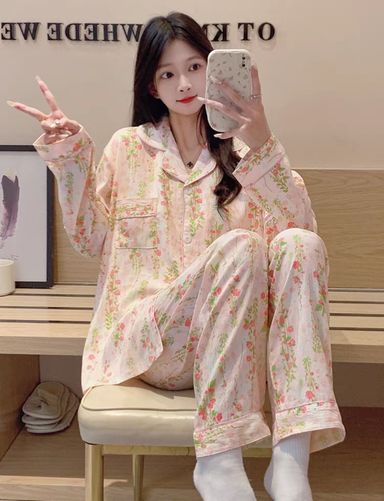 Pink flowers long sleeves pajama set 