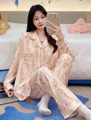 Pink flowers long sleeves pajama set 