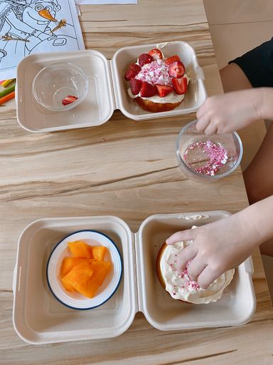 DIY Bento Cake with fresh cream, fruits and sprinkles