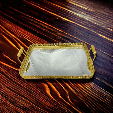 Golden Square Metallic Tray With Glass Base Small