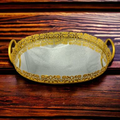 Golden Oval Metallic Tray With Glass Base Small