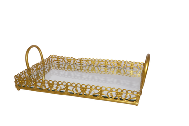 Golden Rectangular Metallic Tray With Glass Base Small