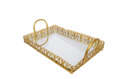 Golden Rectangular Metallic Tray With Glass Base Small