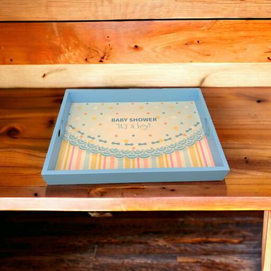 Blue Rectangular Baby Shower Wooden Tray Large