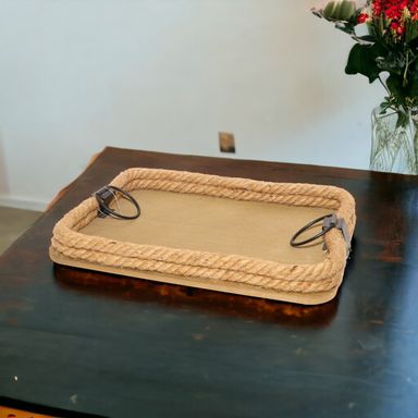 Brown Rectangular Wooden Tray With Rope Border and Round Handel's Small